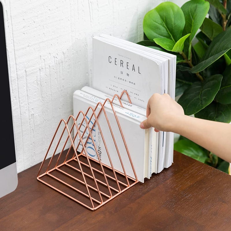 Sooyee 9 Slot Rose Gold Magazine Holder,Desktop File Sorter Organizer Triangle Bookshelf Decor Home Office - Image 3